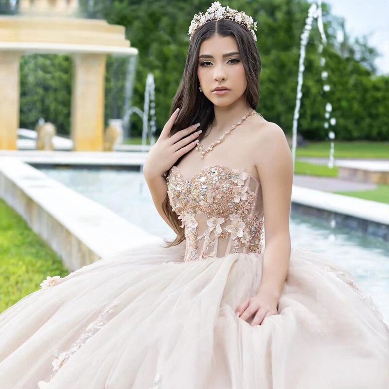 Detachable Sleeve Quinceanrra Prom Dresses Vintage Appliques 3D Flower Princess Long Glitter Luxury Sweet 16 Dress Vestidos