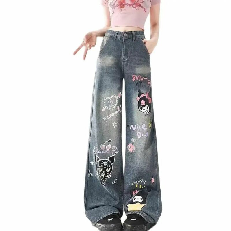 Celana panjang Jeans untuk wanita, celana Harajuku lurus longgar modis gaya Korea coretan kartun Kuromi Y2k