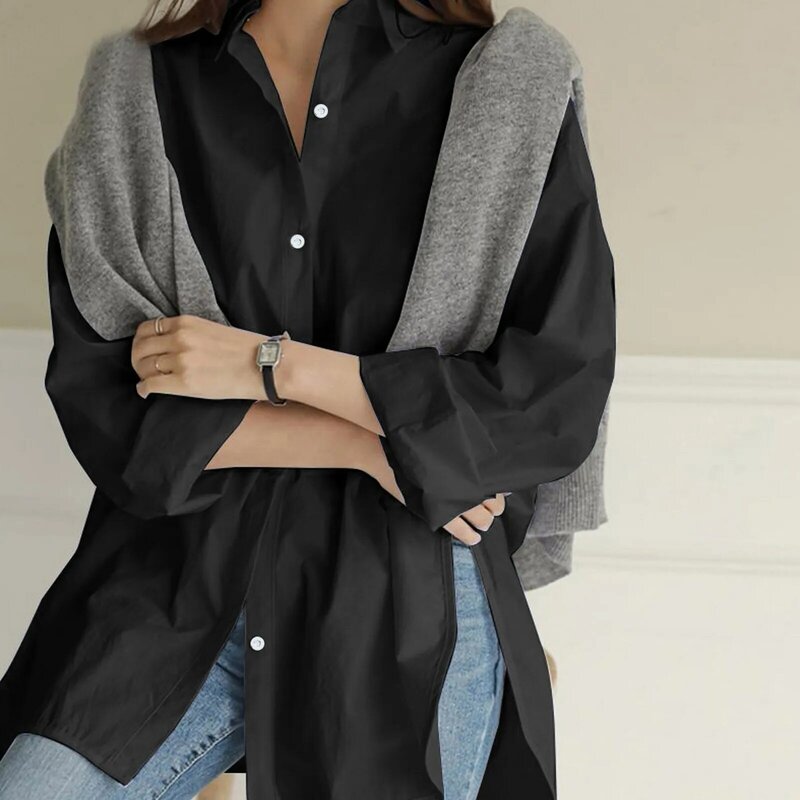 Summer Solid Color Oversized Shirt Women'S Korean Style Shirts Office Lady Elegant Blouse Long Sleeve Top Bloues Workwear Tops