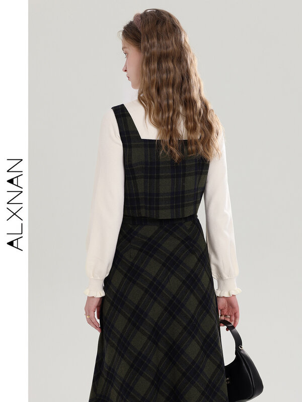 ALXNAN-Pulôver xadrez casual feminino, camisa de manga comprida, colete de peito único, saia xadrez de cinto, terno de 3 peças, vendido separado, T00918
