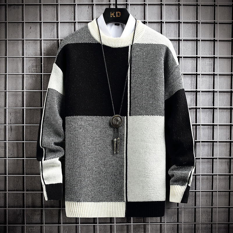 Sweter Hangat Setengah Kerah Warna Memblokir Tinggi/Kualitas Tinggi Pria Musim Semi Musim Gugur Santai Ramping Korea Lengan Panjang Longgar Merajut Pullover