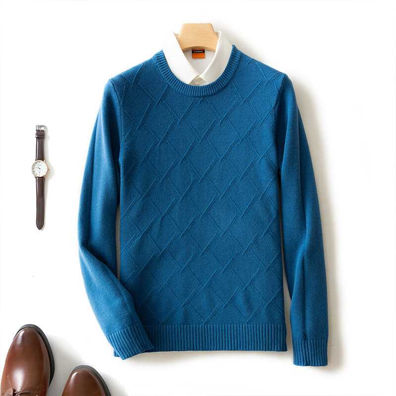 Męski, nowy, okrągły, diamentowy, jednokolorowy, biznesowy sweter w stylu Casual, prosty, klasyczny, elegancki, stały, ciepły i duży sweter z dzianiny