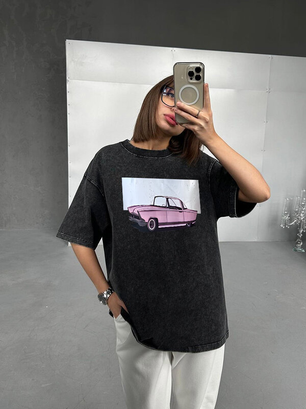 Hirsionsan Acid Washed T Shirt Women Vintage Cotton T-shirts Streetwear Soft Mineral Tees Girl Loose Luxury Brand Tops Y2k