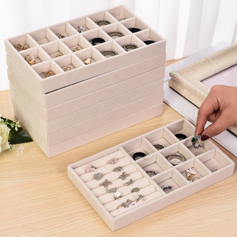 Velvet Jewelry Tray Storage Drawer Small Stackable Beige Jewelry Boxes and Packaging Suitable for Ring Earrings Simple Practical
