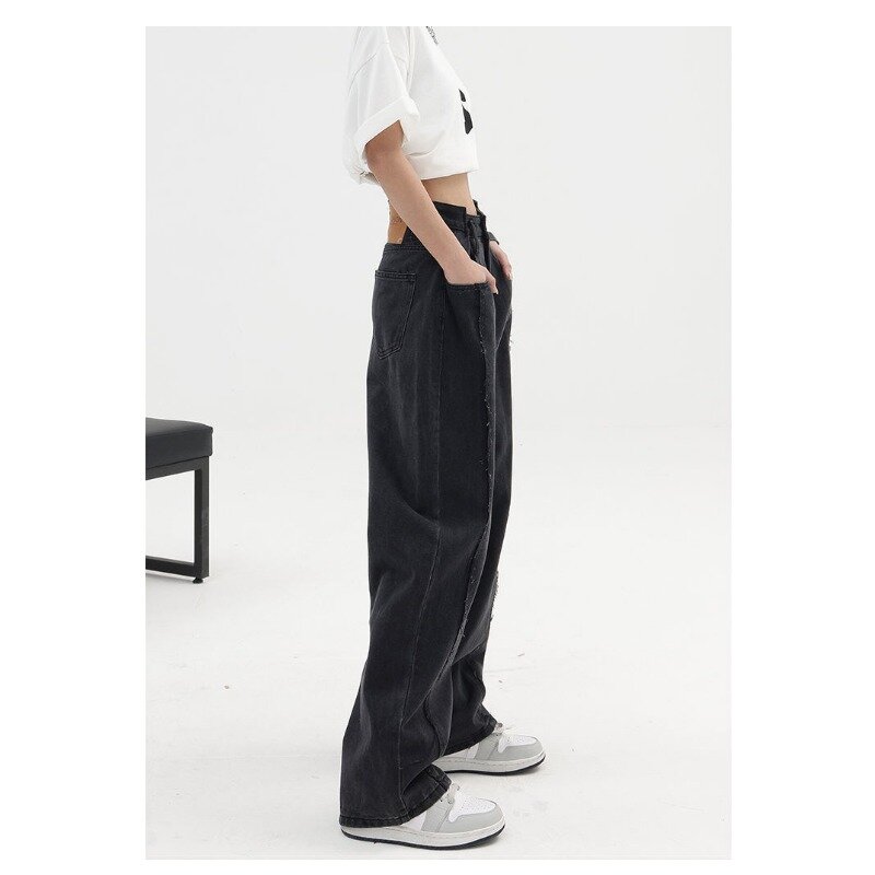 Deeptown workowate jeansy Y2k w stylu Vintage Harajuku szerokie nogawki czarne spodnie dżinsowe spodnie damskie z wysokim stanem Streetwear Grungre koreańskie 2024