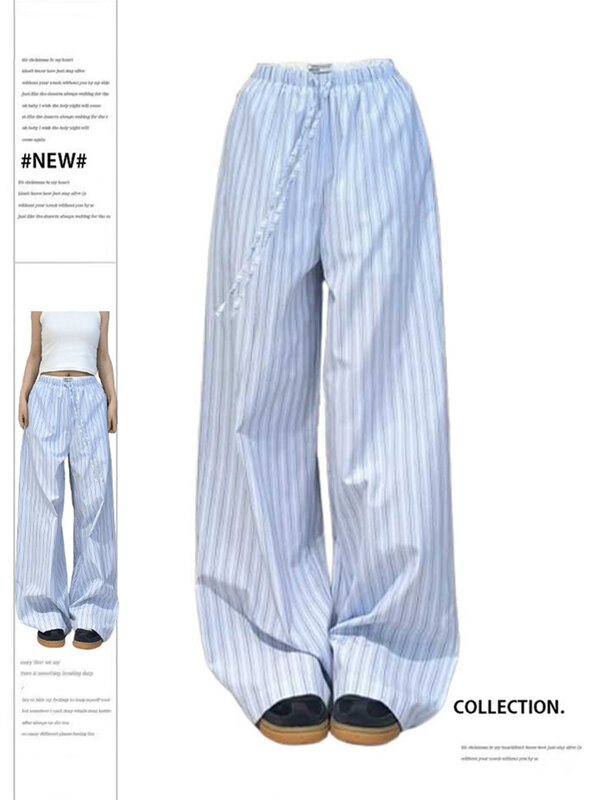Calças listradas grandes para mulheres, Harajuku vintage, calças estéticas retrô oversize, calças largas de cintura alta, roupas Y2k dos anos 2000, 2024