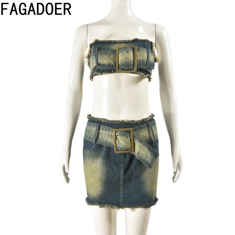 Модная Ретро джинсовая уличная одежда FAGADOER Y2K, Женская юбка без рукавов, с открытой спиной и поясом, мини-юбки, ковбойские комплекты из двух предметов