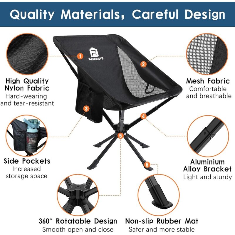 Portable Camping Chair, 360° Swivel Lawn Chair, 8 Seconds Quick Setup Folding Chair, 3.8Lb Lightweight Camping Chair