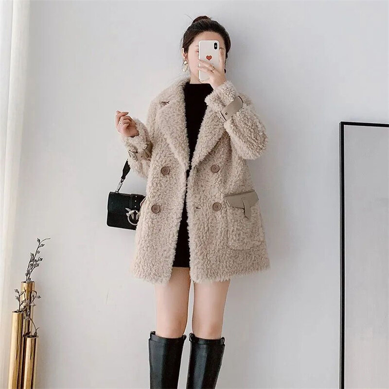 Женское пальто из овечьей шерсти, свободное приталенное пальто средней длины из флиса в Корейском стиле, Осень-зима 2023