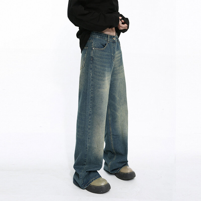 LUZHEN Jeans bottone Trendy colore sfumato tasche da uomo dritto New Chic maschio gamba larga pantaloni in Denim Casual 2024 primavera 9 c4510