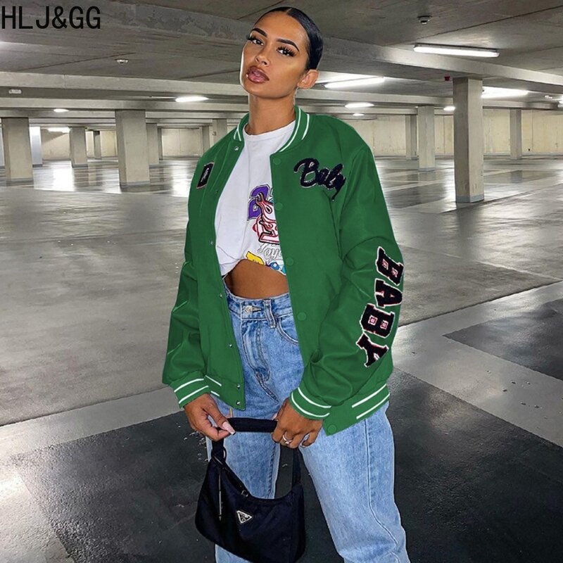 HLJ&GG Autumn Casual Letter Printing Baseball Jacket Women Long Sleeve Loose Button Coats Female Casual Matching Tops Streetwear