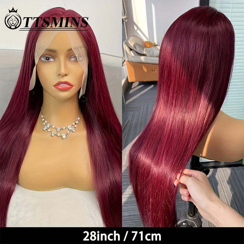 Panjang Burgundy merah 13x4 renda depan rambut manusia Wig 99J berwarna tanpa lem lurus HD Brasil renda Wig Frontal pra dipetik 180%