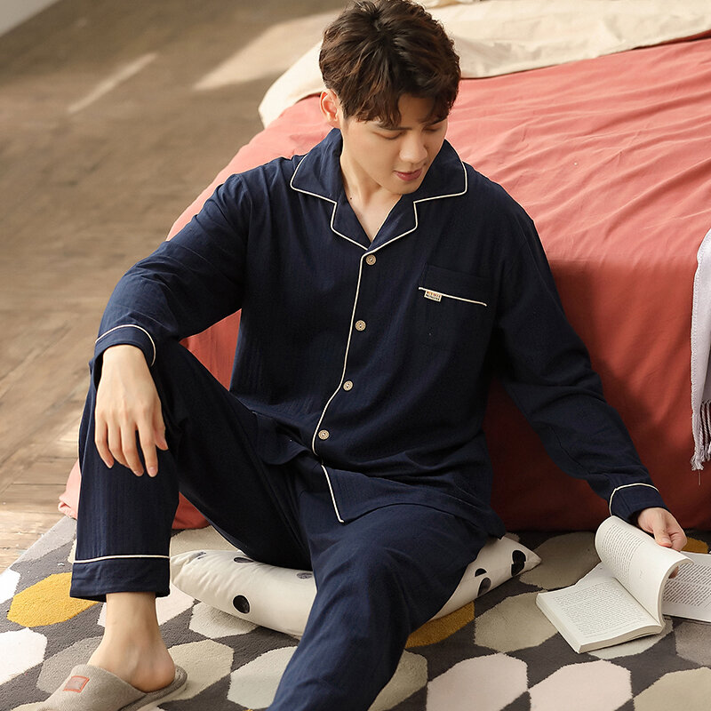 Conjunto de Pijama de algodón para hombre, ropa de dormir de manga larga, Color liso, con cuello, para primavera y otoño, 2 piezas