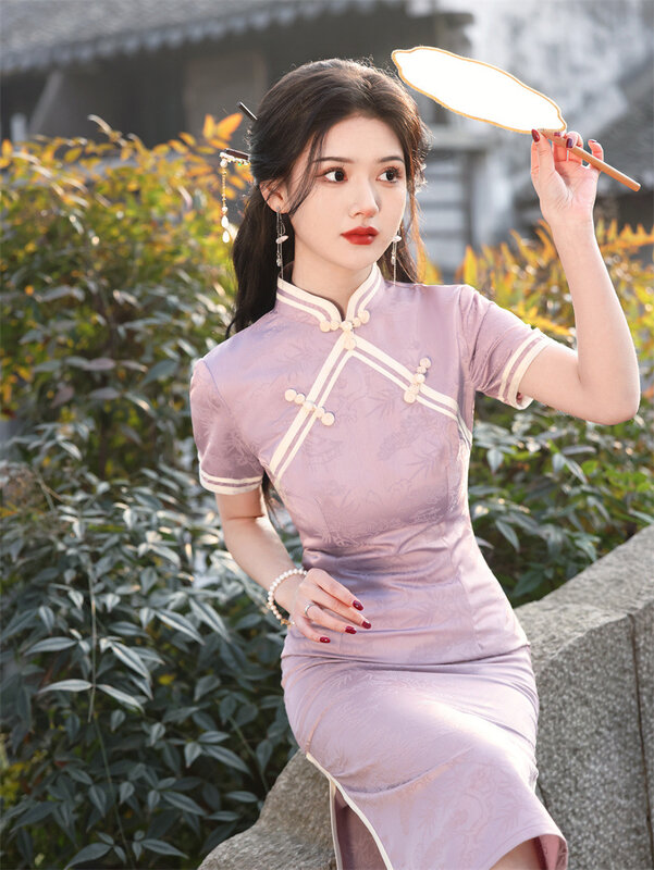 Tradizionale Qipao abito in stile cinese Sexy Slim Split Vestidos donna Silky Cheongsam Casual 2024 nuova primavera estate abiti quotidiani