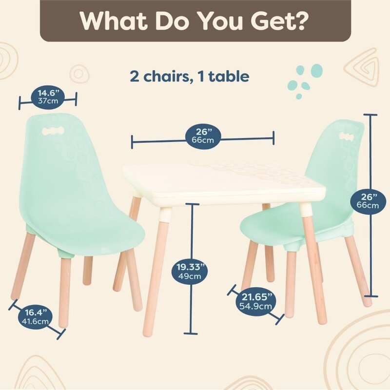طاولة وكرسي لأثاث الأطفال ، طاولة حرفية واحدة وكرسيين ، أرجل خشبية طبيعية ، نعناع ، عاجي
