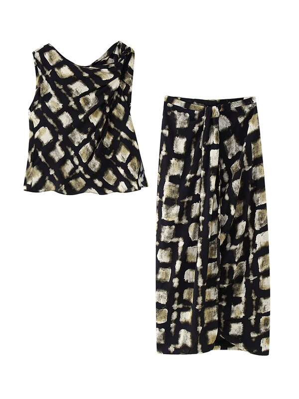女性のためのヴィンテージプリントのロングスカート,非対称の衣装,ラウンドネック,裸の背中とフロントリボン付き,2ピース,2023