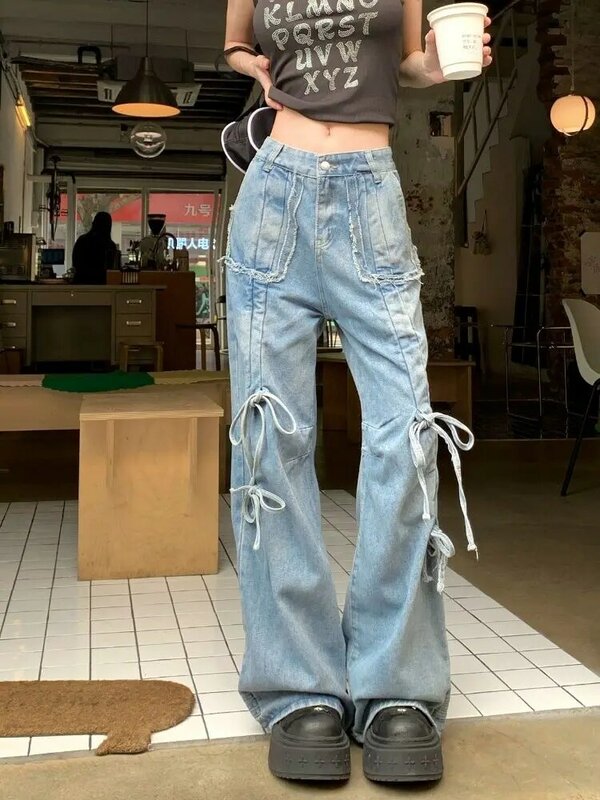 Bell-Bottomed Lace-Up Bow Wide-Leg Jeans For Women 2024 Summer Retro Versatile High-Waist Large Size Slim Straight Long Pants