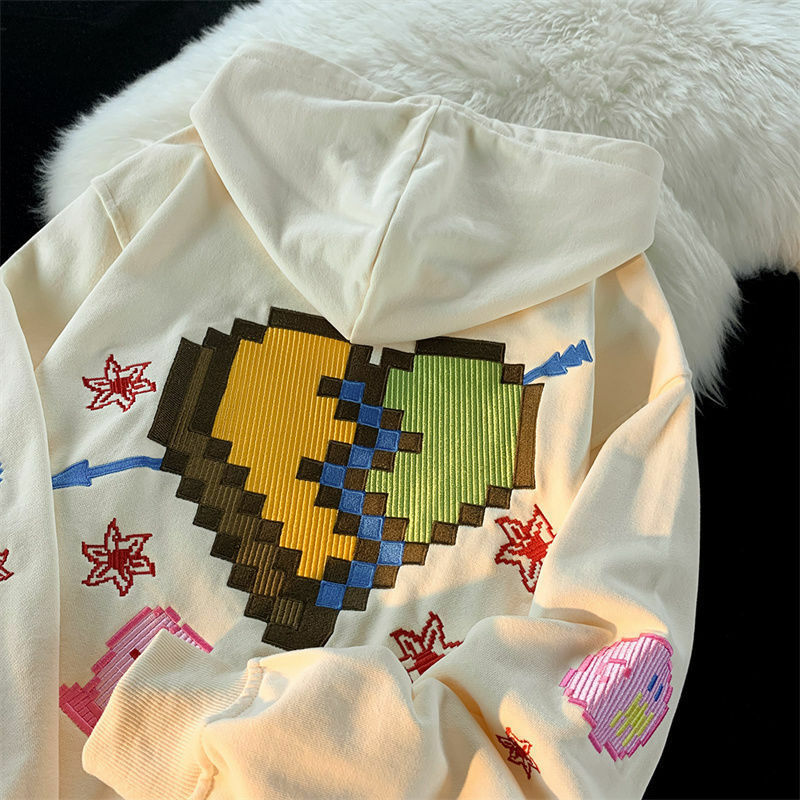 Warme Sweatshirt Frauen Reiß verschluss übergroße Retro Streetwear Pixel Muster Druck Hoodies Punk Kapuzen jacken Stickerei y2k