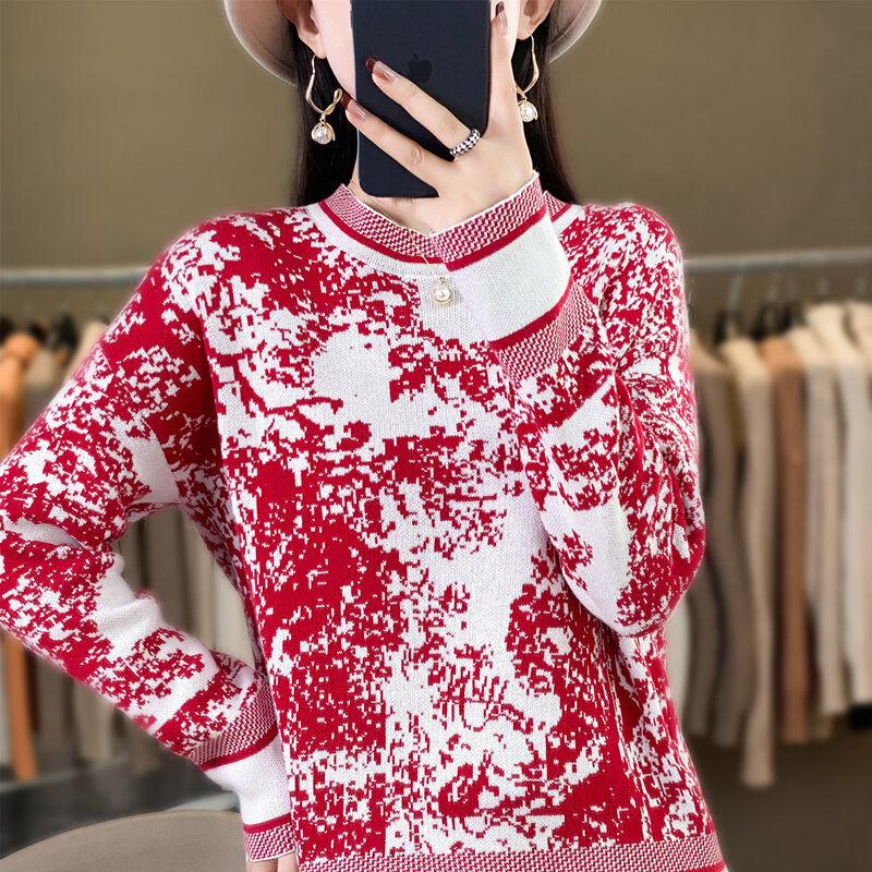 Women's Pullover Spring/Autumn 100% Cotton Sweater Casual Knitwear Landscape Pattern Ladies Tops Round Neck Loose Blouse