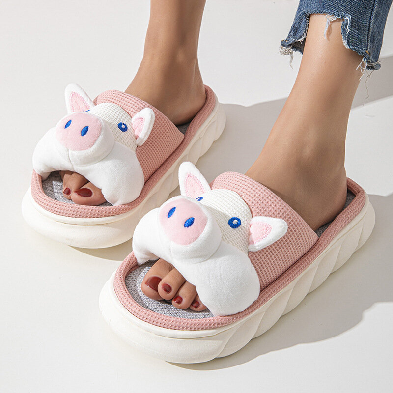Chinelos bonitos de plataforma de porco para mulheres, sapato grosso de verão, chinelo de linho de algodão interior antiderrapante, corrediças de chão respirável, 2022
