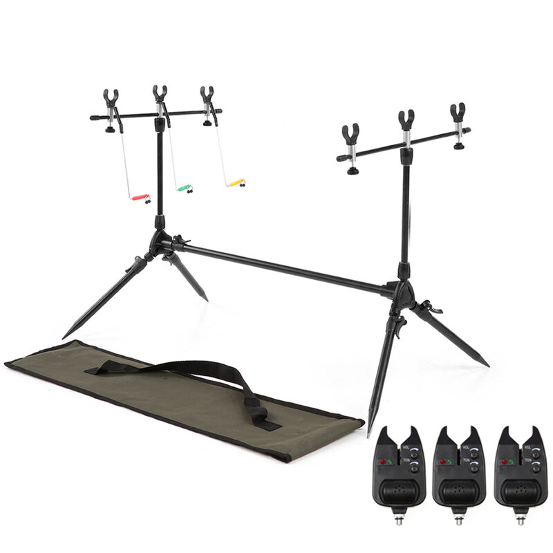 Adjustable Fishing Holder Stand Pole Pod Retractable Carp Fishing Rod Pod Stand with 3 Bite Alarms Swingers Indicators