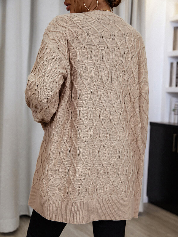 NOOSGOP Solid Khaki Light Brown H Shape Knee Length Loose Open Cardigan Sweater Long Sleeves Winter Cable Pattern Knit Clothing