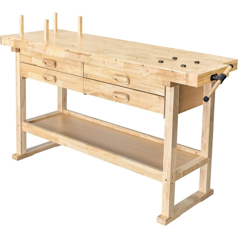 60-calowy drewniany stół warsztatowy Olympia Tools - stół warsztatowy z drewna kauczukowego z 4 szufladami, udźwig 450 funtów - idealny
