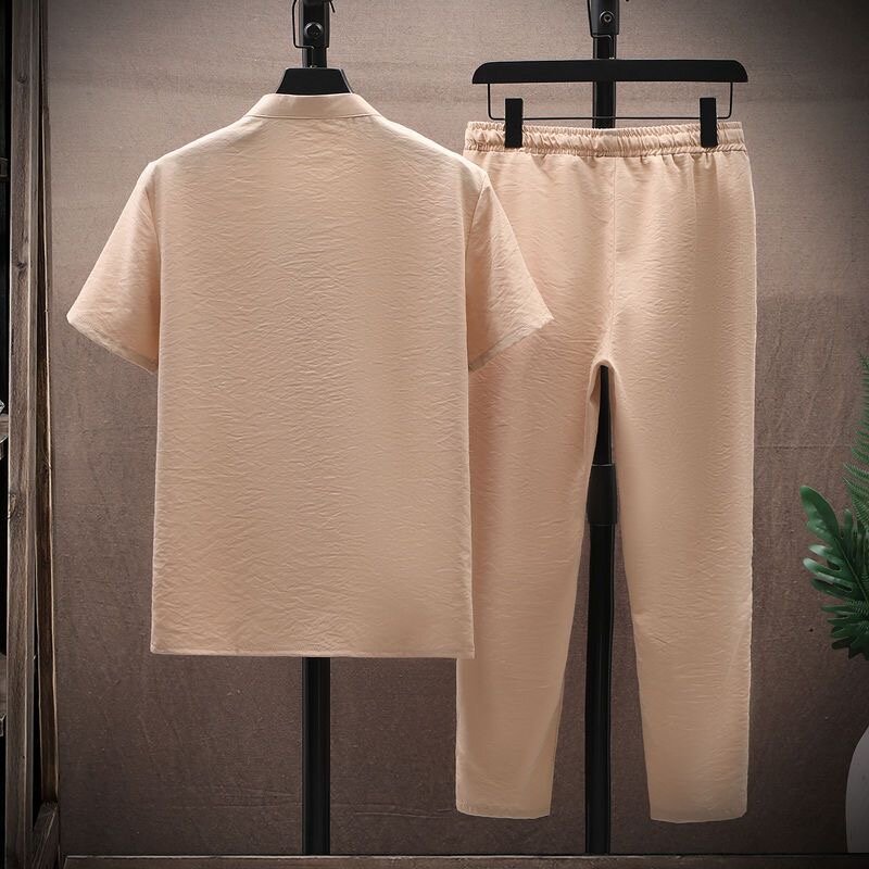 2024 Summer New Solid Color Large Size Cotton and Linen Set For Men Leisure Comfortable Breathable High-Quality Two-Piece Set
