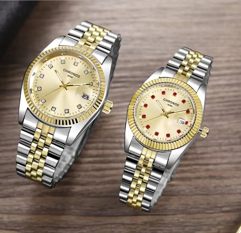 Reloj de pulsera de cuarzo para hombre y mujer, cronógrafo de marca de lujo, resistente al agua, con calendario, de acero completo, para pareja
