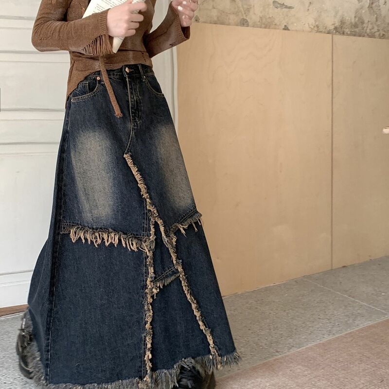 Jeansowe długa spódnica patchworkowe frędzle z wysokim stanem dla kobiet Y2k Vintage ścieg długie dżinsy spódnica w koreańskim stylu moda uliczna