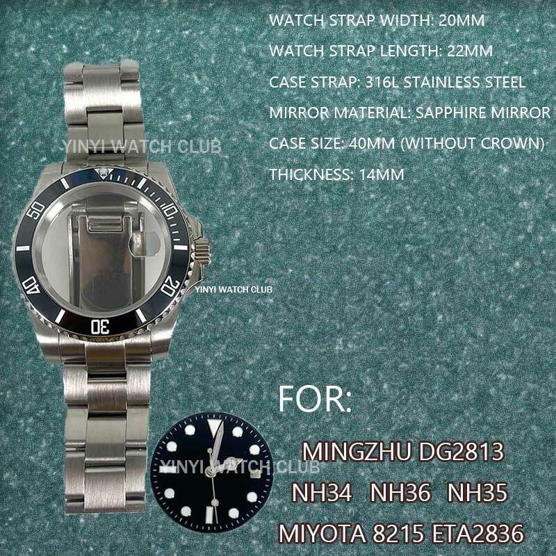 40mm watch case sapphire mirror bottom transparent SUB stainless steel for NH34 35 36 Miyota8215 ETA2836 Mingzhu dg2813 Movement