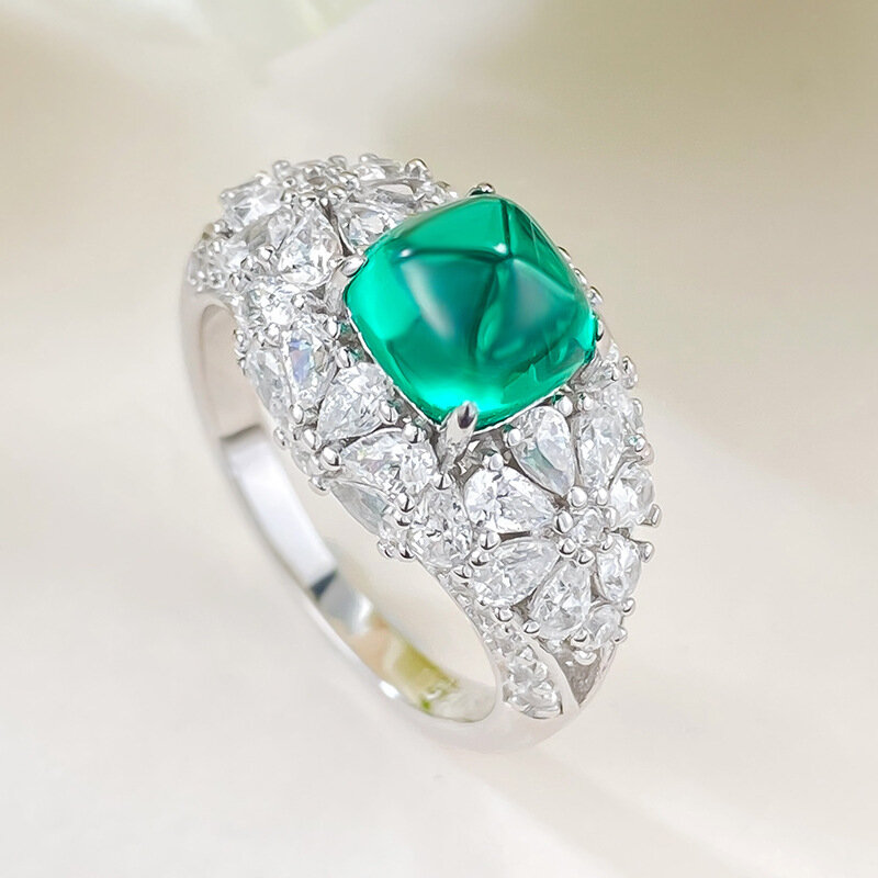 S925 Silver Ring Emerald 7 * 7 Sugar Tower Ring Daily Fashion Rich Women's Ring