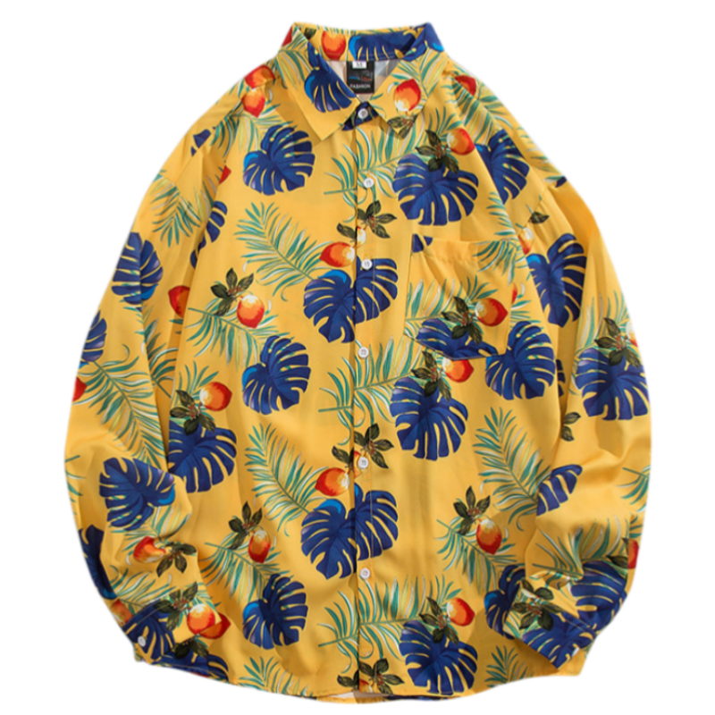 Męski Vintage z długim rękawem bluzka w roślinny wzór moda przystojny uniwersalny luźno dopasowane dorywczo hawajska kurtka koszulki z nadrukiem