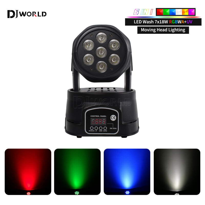 2pcs LED 7x18W Moving Head Light RGBWA+UV 6IN1 Professional Stage Effect 10/15DMX Wash Light for Disco DJ Music Party Dance Club