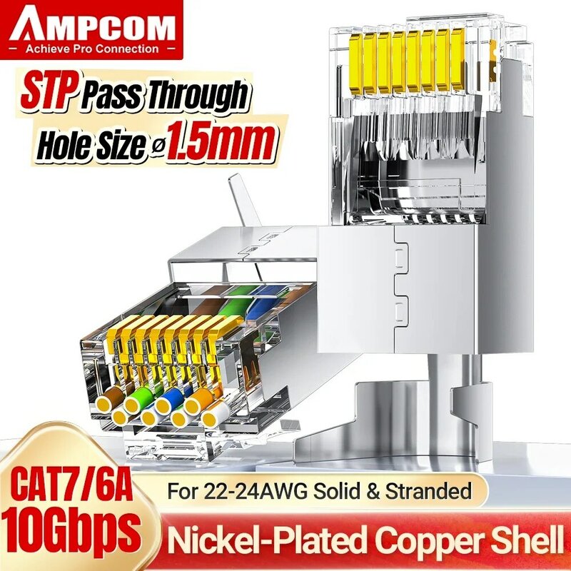 AMPCOM-conector de paso RJ45, conector Ethernet CAT6A CAT7 rj 45 para Cable de red sólido o trenzado CAT 7 con barra de carga de 1,5mm
