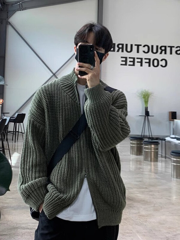 Men's Knitted Zipper Cardigan Sweater Stand Collar Solid Color Long Sleeve Casual Streetwear Coat Fashion Knitwear