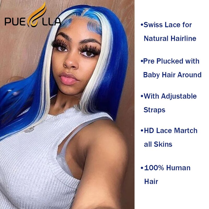 Peluca de cabello humano liso con cierre de encaje HD para mujer, postizo de encaje Frontal, color azul degradado brasileño, 5x5, 13x6