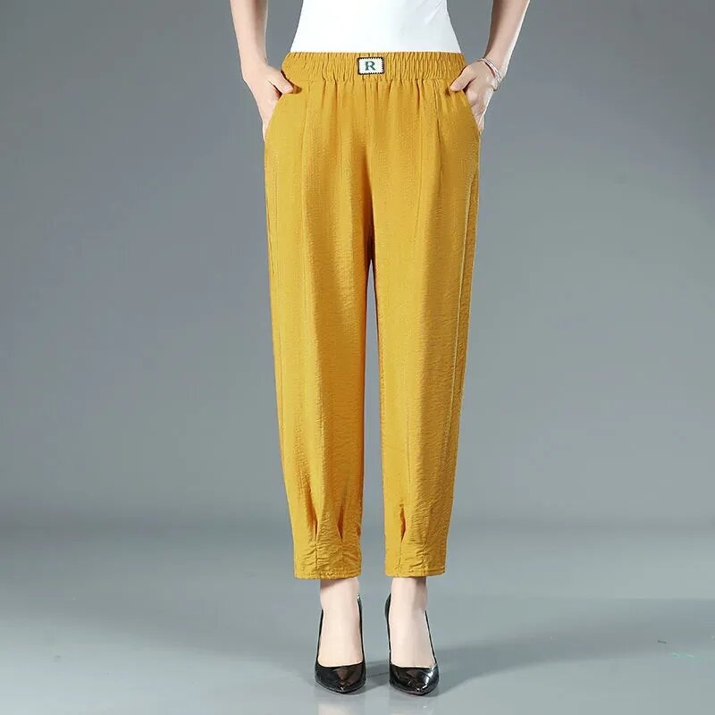 New White Office Lady Elastic Waist Harem Pants Spring Autumn Fashion Solid Loose Straight Pockets Women's Trousers