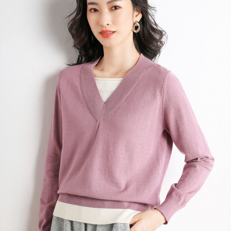 2022 Spring Autumn New V-Neck Sweater Women's Fake Two-Piece Color Matching Bottoming Pullover Sweater Loose Thin Korean Version