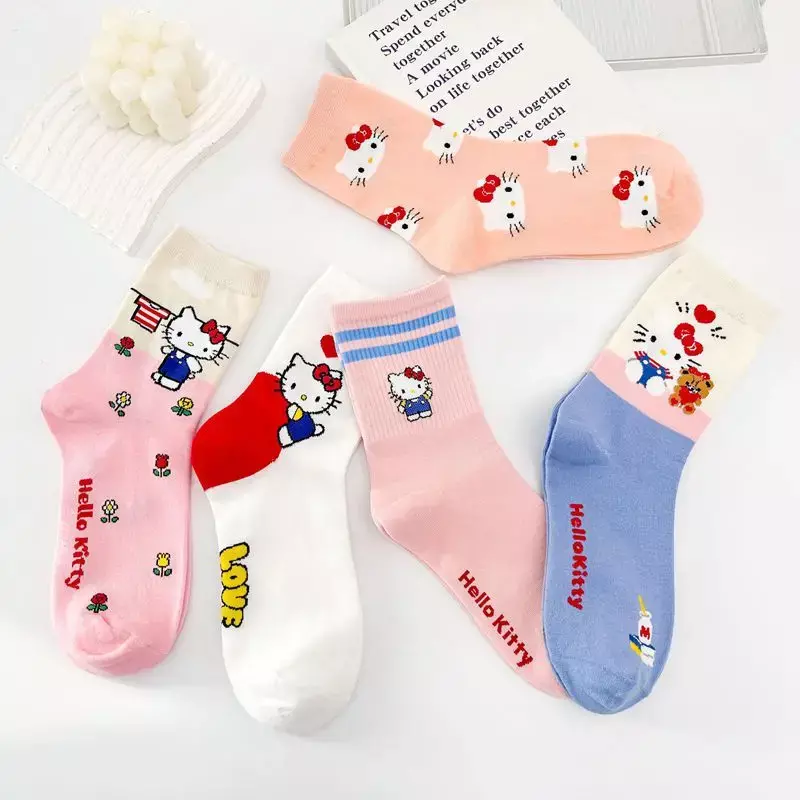 Sanrio Kawaii Anime Cartoon New Pink Plaid Medium Tube Socks Women's Ins Style Versatile Cute Hello Kitty Socks Cotton Wholesale