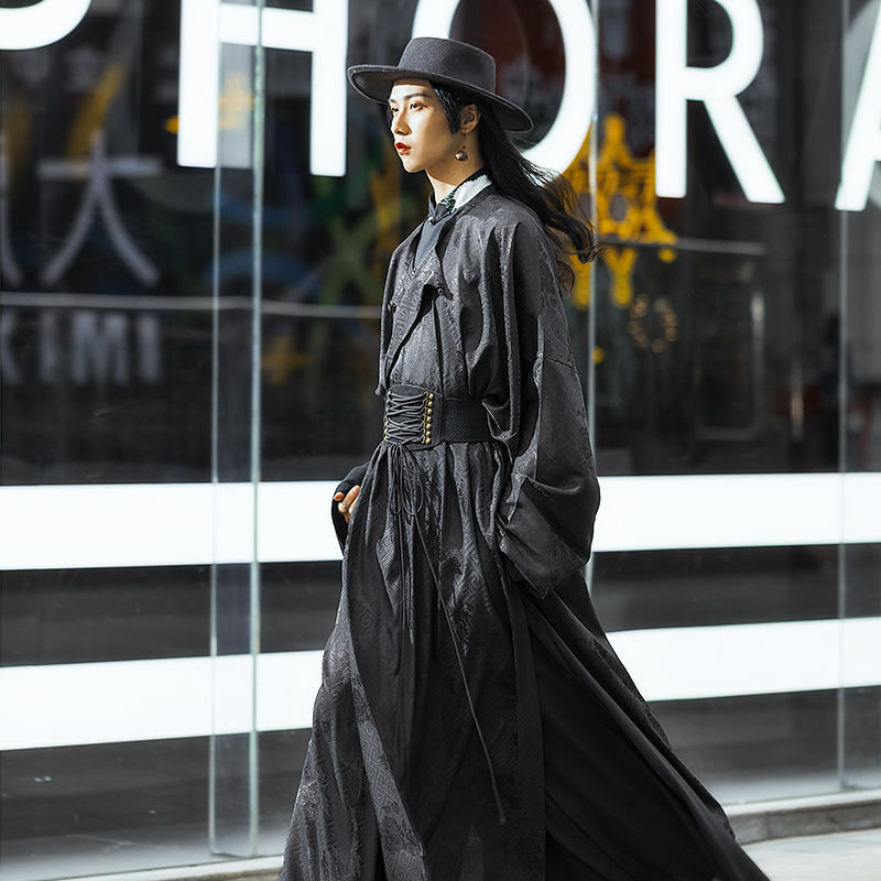 Czarne męskie Hanfu wiosna, lato i dynastia Tang z okrągłą szyjką tkane codzienne wykonanie tradycyjna chińska odzież