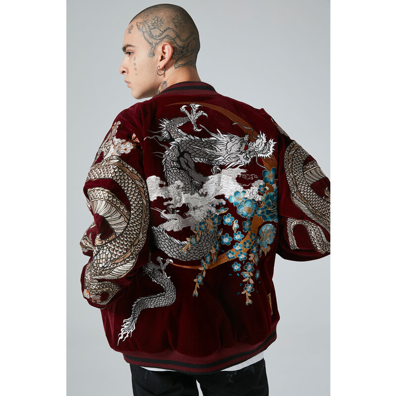 2024 giacca ricamata da uomo in stile cinese Dragon Year Winter Warm Cool Totem Yokosuka giacca da Baseball imbottita in cotone