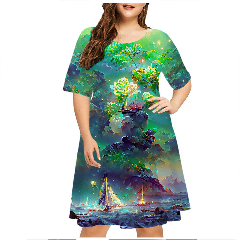 Tie Dye Flame Pattern Women'S Dress Short Sleeve Summer Loose Dress Elegant Fashion Casual Streetwear 3D Print Plus Size Dresses