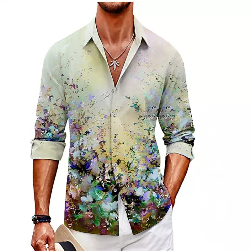 Camisa de botão manga comprida masculina, Estampada Criativa, Cor, Lapela, Casual, Ao ar livre, Tops, Novo, 2023