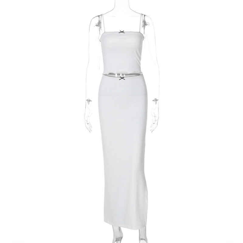 Женский однотонный костюм Lygens, короткий топ на тонких бретельках, длинная юбка с разрезом, уличная одежда Y2K, женская повседневная одежда в Корейском стиле для весны и лета