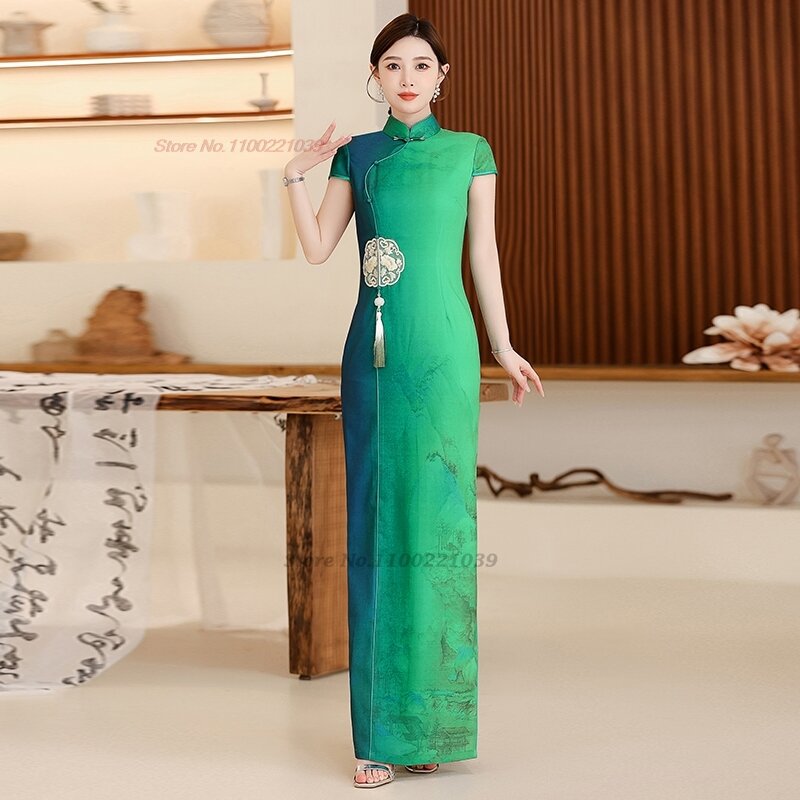 2024 chinese vintage dress improved cheongsam national flower embroidery with cloak qipao retro banquet evening party dress