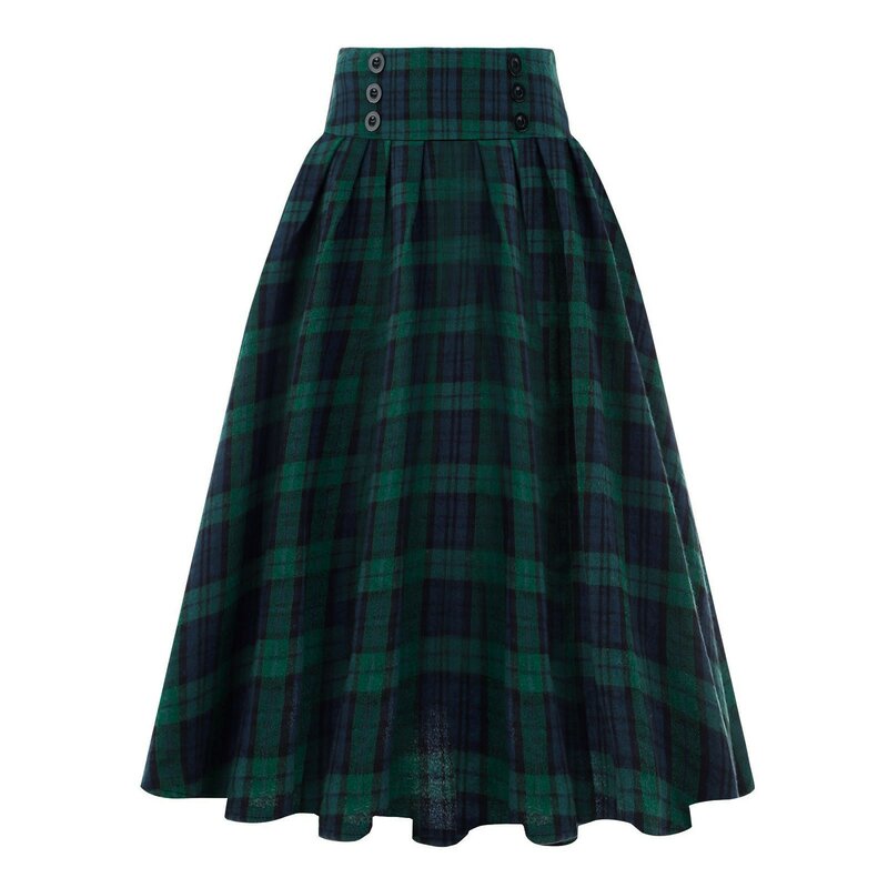 Summer Retro Plaid Skirt British High Waisted Pleated Button Decoration Design Half Skirts For Students Artistic Quiet Dressing