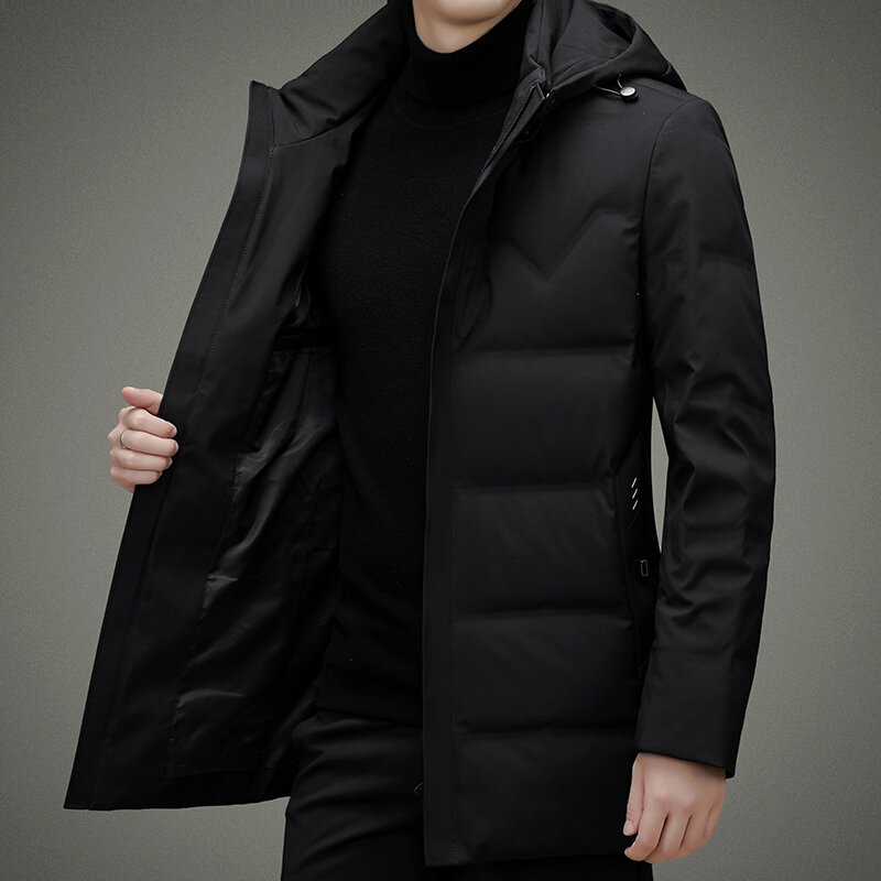 2022 nova moda de inverno dos homens de negócios casuais para baixo casacos masculinos fino quente com capuz casacos masculinos longo pato branco para baixo jaquetas v40