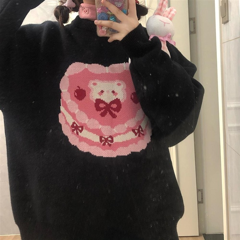Deeptown-suéter de punto con estampado de dibujos animados Kawaii para mujer, jersey de gran tamaño, manga larga, rosa, moda Preppy, estilo coreano