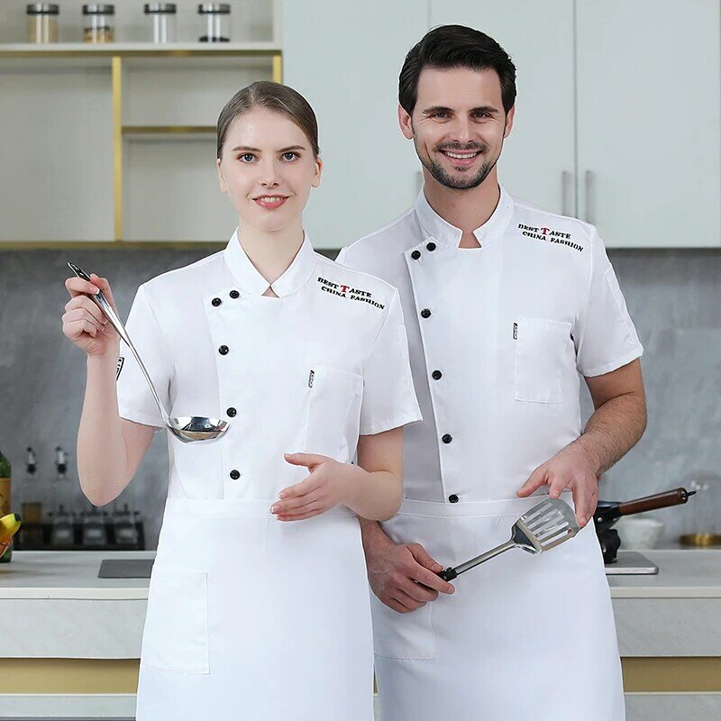 Men black Chef Jacket Chef Shirt Apron Logo Head Chef Uniform Restaurant Hotel Kitchen Short Chef Cooking Clothes Women Catering